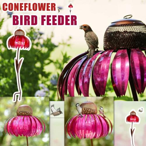 Desert Steel Pink Coneflower Standing Bird Feeder 14 "w X 28" H Outside Rusts Resistant Garden Art Metal Birdfeeder With Stand