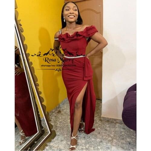 Sexy Red African Mermaid Evening Dresses 2020 Plus Size Crystals Ruffles Cheap High Split Formal vestidos de fiesta de noche