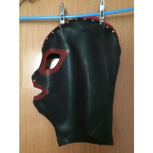 Crazy club_100% pure natural latex fetish handmade Hood Mask Black spliced red hood mask with rivets zip back Zentai Hollow Hood