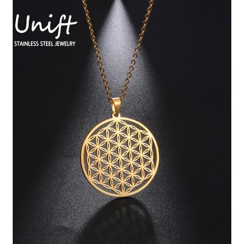 Unift Vintage Flower Of Life Necklace Women Pendent Aesthetic Stainless Steel Jewelry Gold Color Hollow Men Necklace Wicca 2021