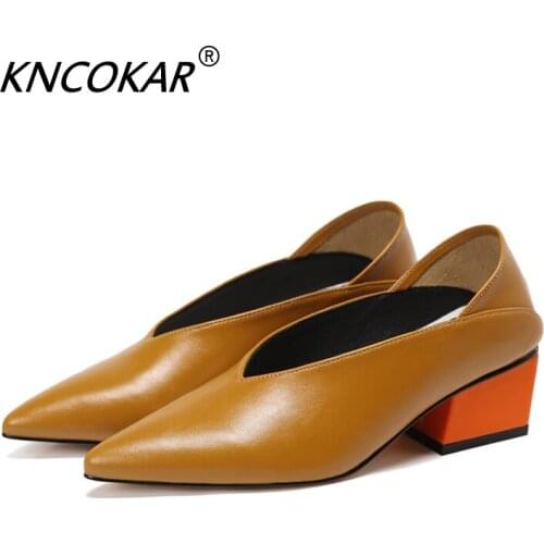 Vintage Genuine Leather Chunky Mix Color Mid-Heeled Hot Women Shoes Pointed Toe Dress Sexy V Design Retro Female Shoes