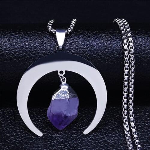 Witchcraft Divination Moon Stainless Steel Purple Natural Crystal Women Silver Color Necklaces Jewelry bijoux femme NXS03