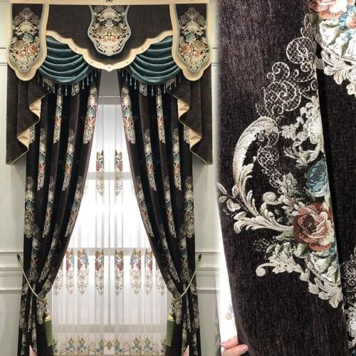Custom curtains luxury living room Retro dark coffee color French warm velvet solid panel cloth blackout curtain tulle drapes