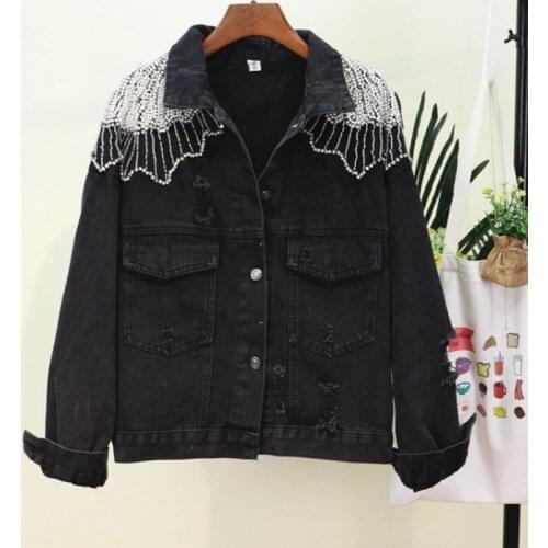 Fad New Korean Black Denim Jacket Autumn Personality Back Luxurious Female Coat Beading Loose Streetwear Short Jean Jacket