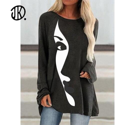 Half Face Long-sleeved T-shirt Ladies Fashion Abstract Loose Tops Round Neck Print T Shirts Plus Size 5XL Pullover Oversize Tee