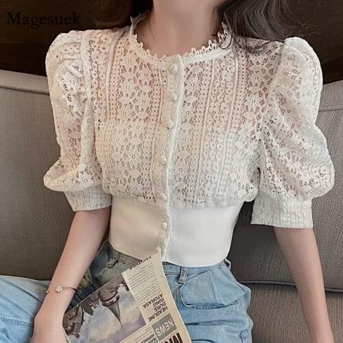 Summer Blouse Women Korean Hollow Out Lace White Women Shirt 2021 New Short Sleeve Button Loose Shirts Solid Female Tops 13607