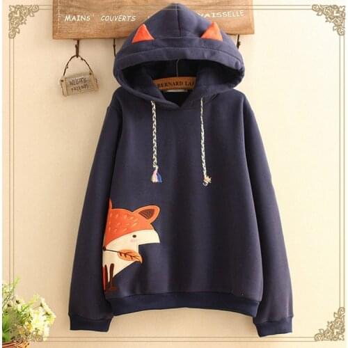 Spring Autumn Cute Fox Embroidered Hooded Sweatshirt Women Clothing Pullovers Plus Velvet Patchwork Female Sweet Hoodies K160