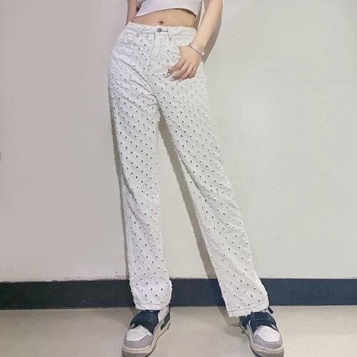 White Ripped Jeans Women 2021 Spring Fashion Polka Dot Hollow Out High Waist Baggy Jeans