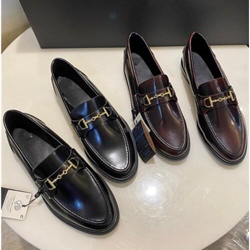 Withered New Egnland Style Fashion Vintage Metal ring buckle Genuine Leather Slip-On Loafers Women Shoes Woman Flat Shoes Women
