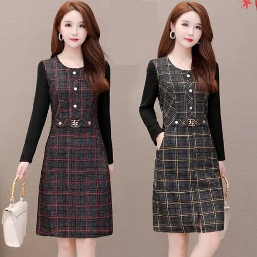 Spring Autumn Plaid Dress Women 2020 New Fashion O Neck Slim Long Sleeve Ladies Dress Casual Plus Size Womens Office Dresses 5XL