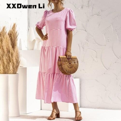 Womens Dress Summer Puff Sleeve Black Plaid Loose Comfortable O Neck Stitching Casual Chic Beach Cupcake Dresses Fashion New