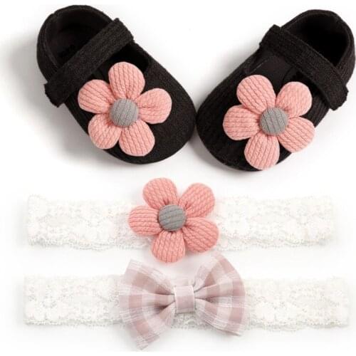 2020 Sweet Flower Princess Baby Step Front Shoes+ 2 Hair Tie Set White 12-18L Size