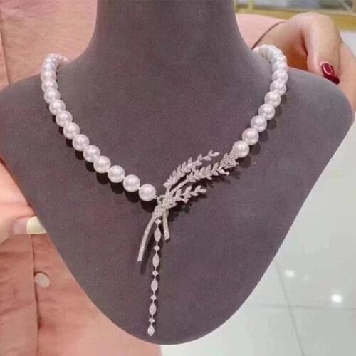 AA Freshwater Pearl near round 8-9mm tassel zircon pendant Necklace 43cm for women xmas gift