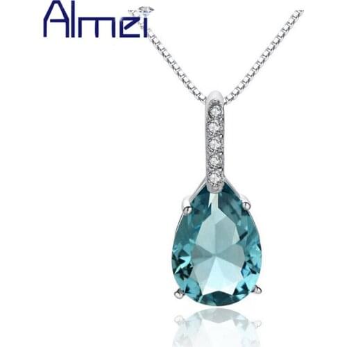 Almei 40% Off Pendant Blue Cubic Zirconia For Women 925 Sterling Silver Long Necklaces Pendants Jewelery With Chain Box WA041