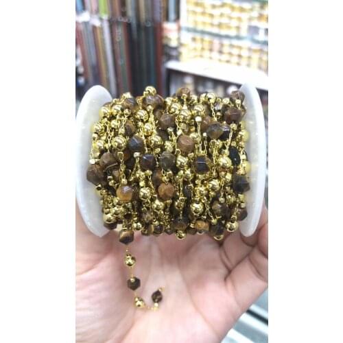 3M/packs Copper semiprecious stone jewelry making chain, opal stone gold plated flat gems beads connector findings