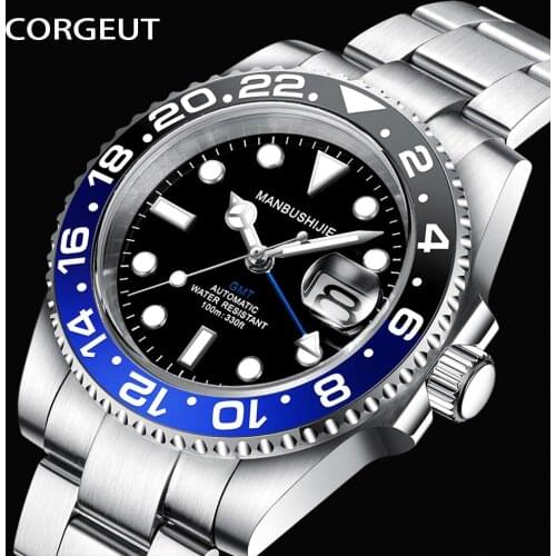 CORGEUT Men GMT Watches 40mm Black blue Bezel Mens Mechanical Watch Stainless Steel Top Brand 100M Waterproof Business Watch