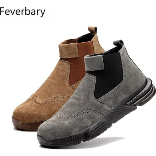 Feverbary Men Leather Steel Toe Cap Work Safety Shoes Outdoor Non-slip Hiking Waterproot Boots Comfortable Sneakers