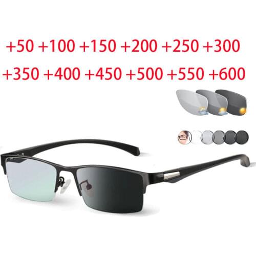 Photochromic Reading Glasses Aspheric Hard Resin lense Reader Eyeglasses Flexible Temples Legs Half Metal Frame Male Presbyopia