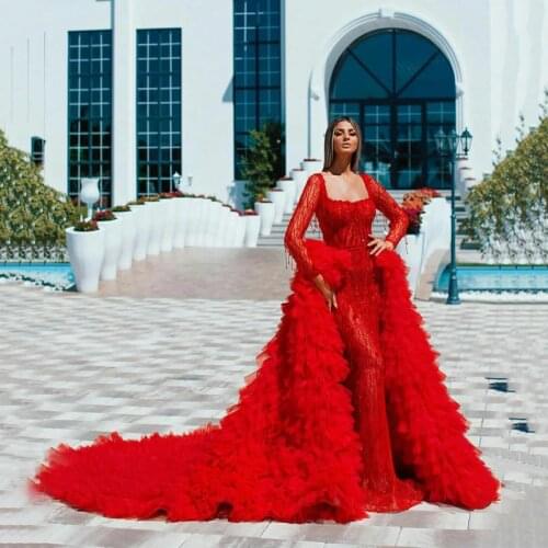 Red Prom Dresses With Detachable Train Long Sleeve Lace Appliques Party Dress Formal Tiered Ruffles Evening Gowns