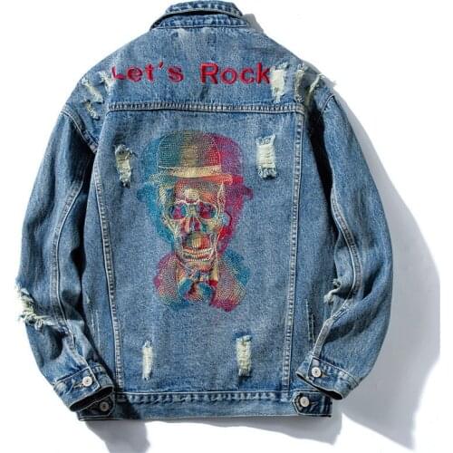 Spring Autumn Newly Fashion Men Jackets Retro Black Skulls Embroidery Designer Denim Jacket Ripped Cotton Coats Hip Hop Clothes