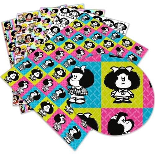 Mafalda Cartoon Printed Faux Leather Sheets Girl Characters Synthetic Leather Fabric 22x30cm for DIY Earrings Hair Bows Crafts