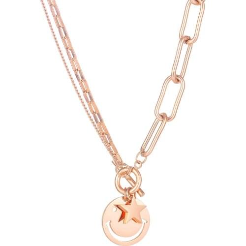 Fashion Smiley Star Pendants Necklaces For Women Kpop Stainless Steel Rose Gold Asymmetric Layered Chains Neck Jewelry Necklaces