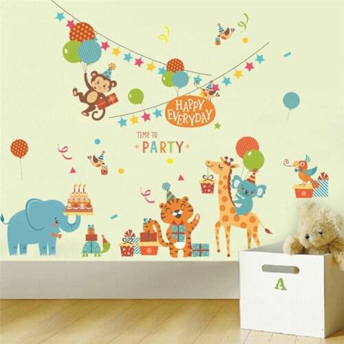 Cartoon Animals' Party Theme Wall Stickers For Kids Room Decoration Nursery Safari Mural Art Diy Home Decals Monkey Giraffe
