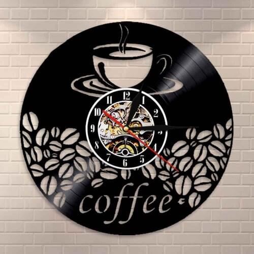 Coffee Bean Wall Art Hot Drink Steam Coffee Wall Clock Coffee Bar Home Decor Cafe Kitchen Vinyl Record Decorative Wall Clock