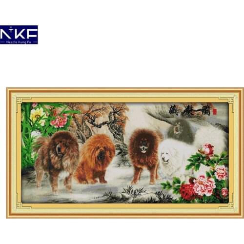 NKF Peony Tibetan Mastiff Cross Stitch Handmade Craft Painting Needlework Embroidery Kit Cross Stitching Set for Home Decor