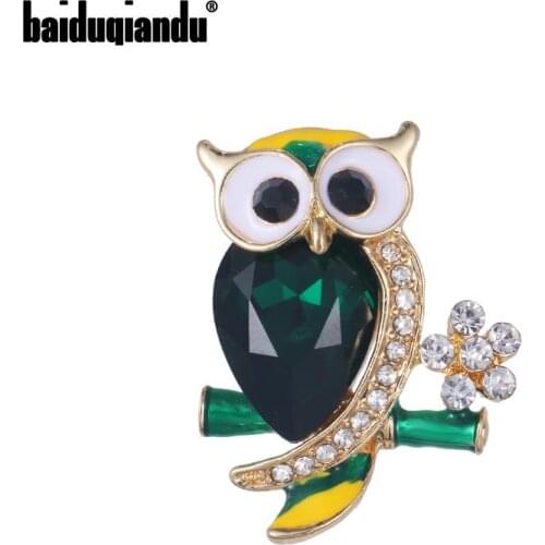 Baiduqiandu Brand New Arrival Gold Color Plated Green Crystal Fashion Owl Brooches for Women