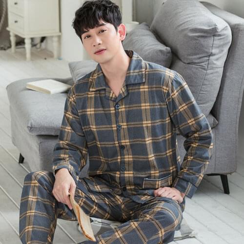 2021 mens pajamas summer long-sleeved pure cotton out loose plus size spring and Summer youth Korean sleepwear