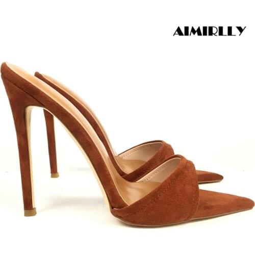 Summer Womens Shoes Slippers Pointy Toe High Heels Sandals Mules Ladies Dress Heels Casual Brown Suede Slip On