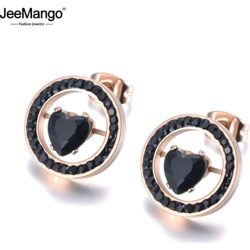 JeeMango Stainless Steel White & Black Clay Rhinestone Stud Earrings For Women Rose Gold Heart CZ Crystal Christmas Gift JE19028