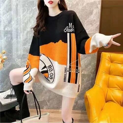 Autumn And Winter Oversized Sweater Korean Style Stitching Printing Fashion Casual Loose Pullover Chic Knitting Korean Women Top