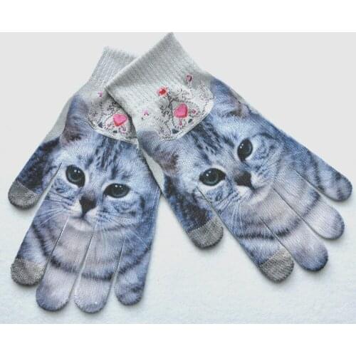 3D Knitted Kitty Pet Gloves Men Women Cute Print Winter Warm Kawaii Full Finger Touch Screen Gloves Femme gants femme hiver