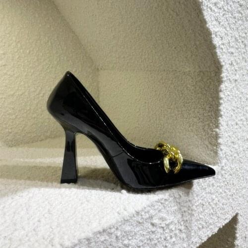 Casual Designer Women Pumps Black Genuine Leathe Chains Pointy Toe High Heels Stiletto Stripper Bride Wedding Shoes Zapatos Muje