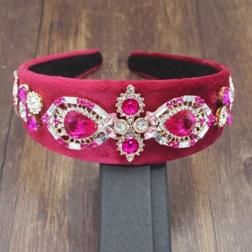 Vintage Luxury Velvet Hair Accessories Red Full Crystal Bride Tiara Flower Baroque Rhinestone Headband For Women Girls Wedding