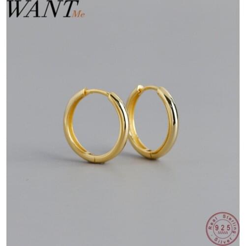 WANTME Real 925 Sterling Silver Minimalist Glossy Gold Hoop Ear Buckle Earrings for Men Women European Huggie Pierceing Jewelry