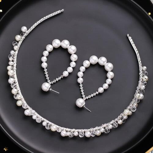 Pearl Headbands For Women Crystal Handmade Hairbands Earrings Sets Party Wedding Bridal Hair Accessories Headpiece Headdress