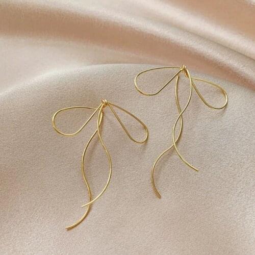 2020 Korean Sense Line Bow Earrings for Women Girls Metal Light Luxury Simple Butterfly Drop Earrings Fashion Aesthetic Jewelry