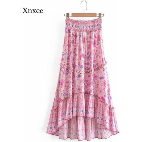 2021 Summer Womens Retro Loose Skirt Ruffled Floral Print Stretch Waist Elegant Fashion Street Dress