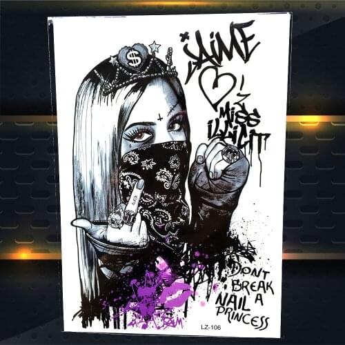 25 Style Punk Women Gangster Temporary Tattoo Stickers Rebels Girl Waterproof Fake Flash Tattoo Black Henna Tatoo Men Body Art