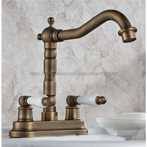 Antique Brass Bathroom Faucet Basin Faucets Two Holes Tap Double Handle Hot and Cold Water Mixer Taps Nnf427