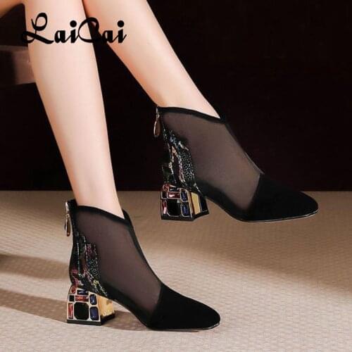 Hollow-out Mesh Boot 2021 new Summer Mesh Simple Dignified Rhinestone Sandal All-Matching Chunky Heel ank Sandals for Women shoe