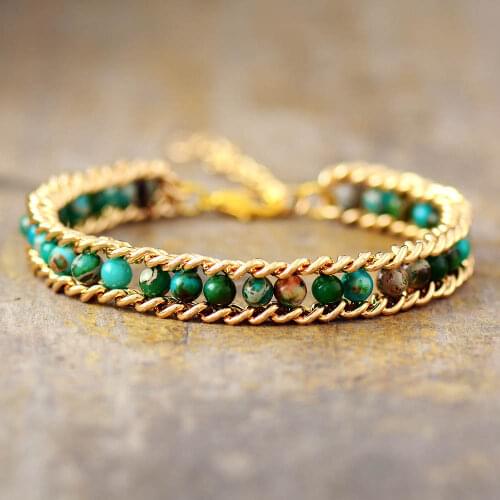 Wrap Bracelet W/ Natural Stones Gold Tone Chain Weaving Statement Wristband Bracelet Jewelry Holiday Gifts for Women