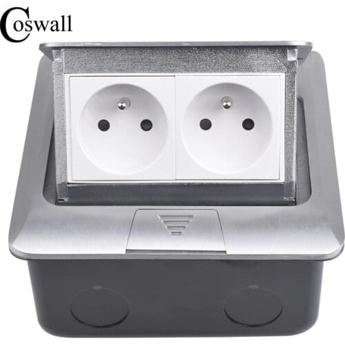 COSWALL All Aluminum Silver Panel French / Polish Standard Pop Up Double Floor Socket 2 Way Electrical Outlet