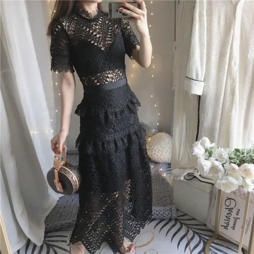 European and American leisure water-soluble lace dress hollow stitching embroidery black slim lady temperament banquet dress