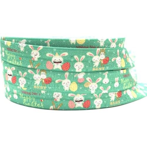 Hot Sell Rabbit Printed Fold Over Elastic 5/8'' Happy Easter Egg FOE Ribbon DIY Apparel Sewing Webbing Hair Tie Accessory 10Y