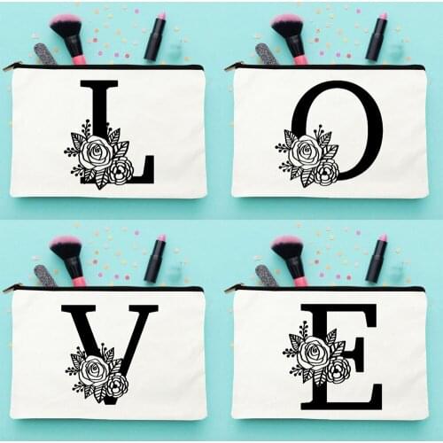 Love Print Cosmetic Cases Flowers Letters Makeup Bags Women Fashion Makeup Purse Harajuku Lipstick Bag Reusable Eco Zipper Bags
