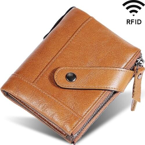 Double Zipper Short Mens Wallet Genuine Leather Zipper Hasp Anti-magnetic Change Coin Clutch Oil Wax Leather Wallet